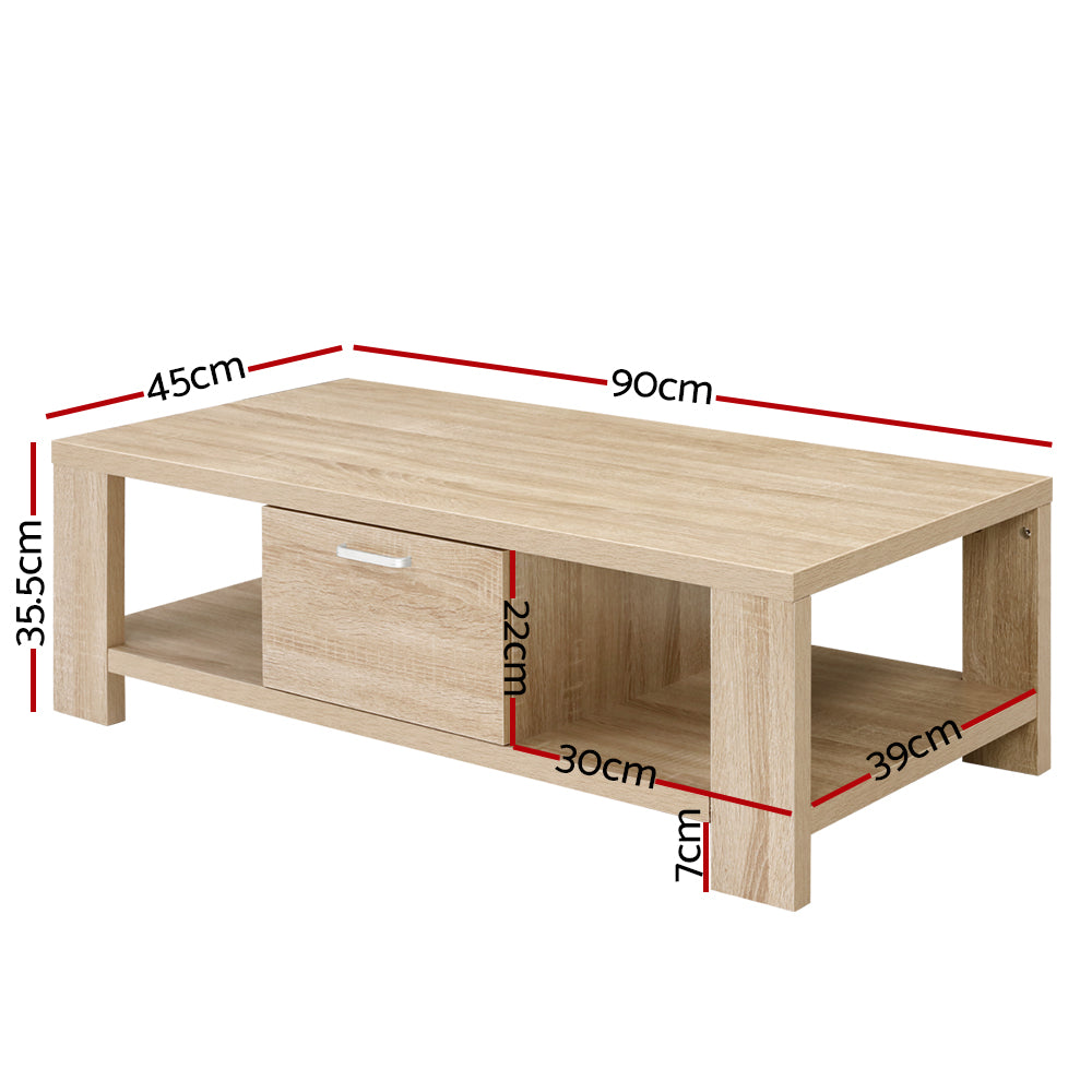Dimensions diagram of oak coffee table: 90cm long, 45cm deep, 35.5cm high, drawer 30x22cm