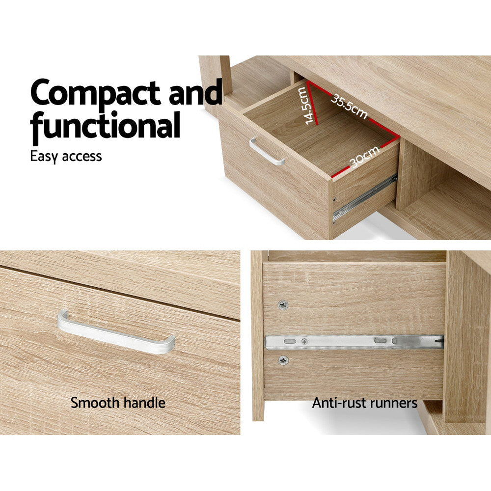Oak coffee table detail showing open drawer 35.5x30x14.5cm, silver handle and anti-rust runners