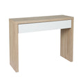 Console table angle view: oak grain panel legs and frame with wide white drawer front, white background
