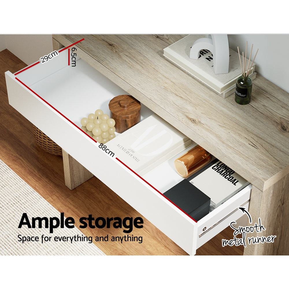 Open white drawer of console table with items inside; dimensions 88x29x6.5cm; callout: smooth metal runner