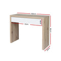 Console table with oak finish and white drawer, dimensions diagram: 100x35x80cm, drawer 91x14cm