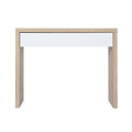 Console table front view: oak grain panel legs and frame, single wide white drawer front, white background
