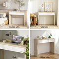 Four-panel collage: oak console with white drawer used as bedside table, sofa table, desk, and hallway table