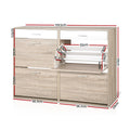 Oak 4-door flip-down shoe cabinet open showing 119.5cm width 91cm height 29cm depth dimensions