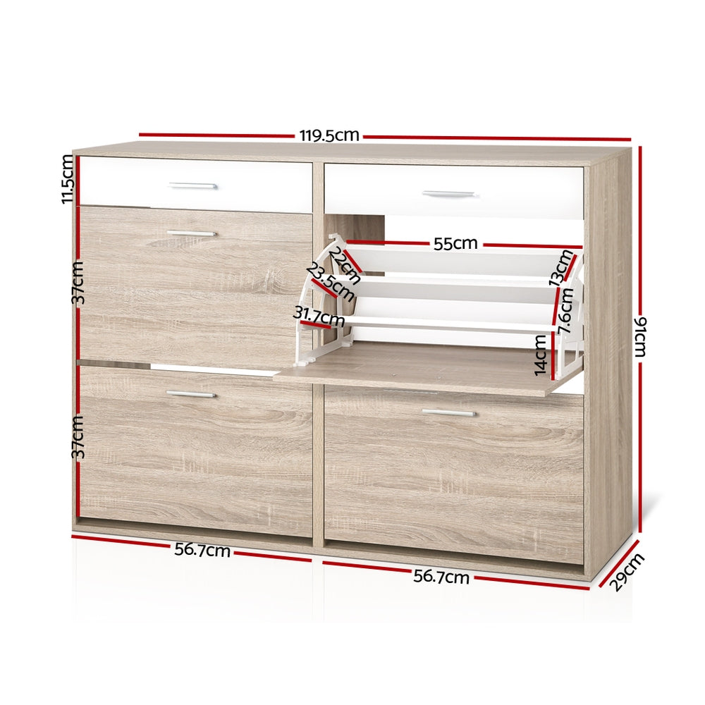 Oak 4-door flip-down shoe cabinet open showing 119.5cm width 91cm height 29cm depth dimensions