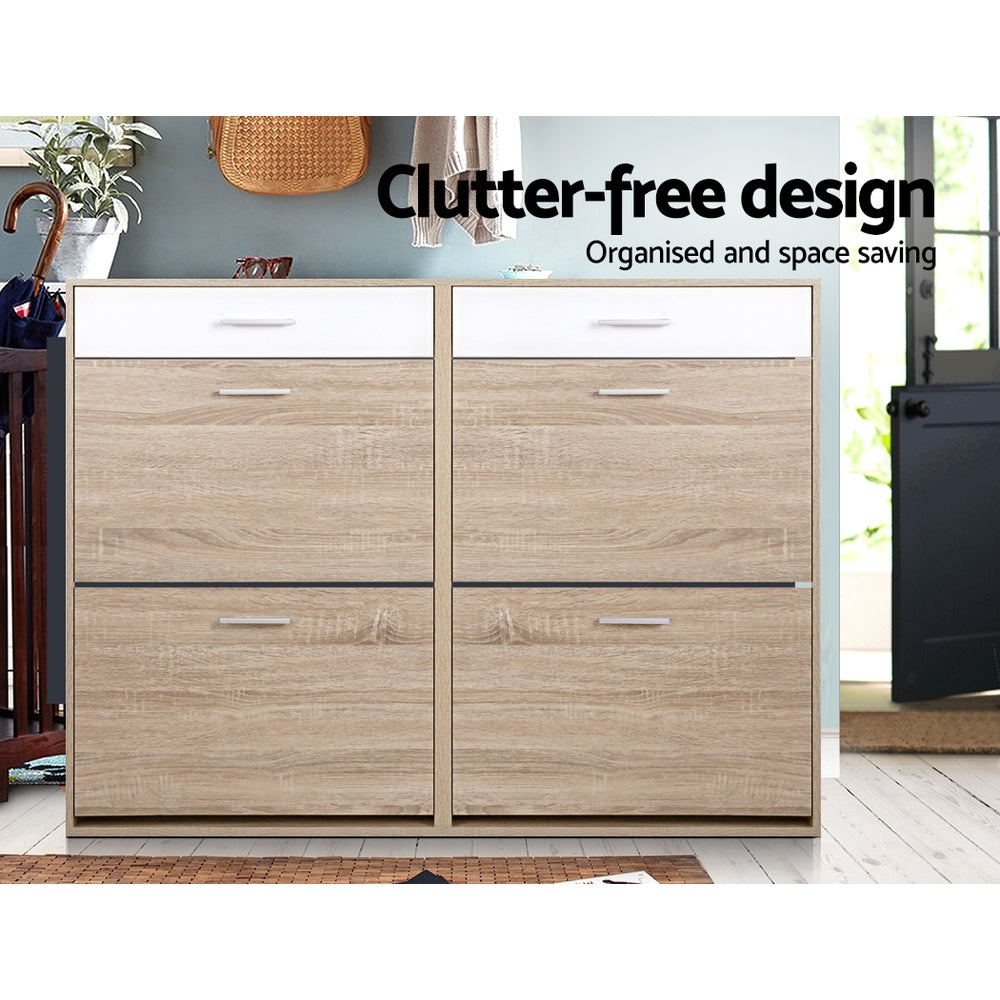 Oak flip-down shoe cabinet in hallway lifestyle setting with Clutter-free design text