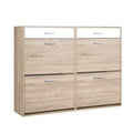 Oak 4-door flip-down shoe cabinet angle view closed showing two column two row door layout on white background