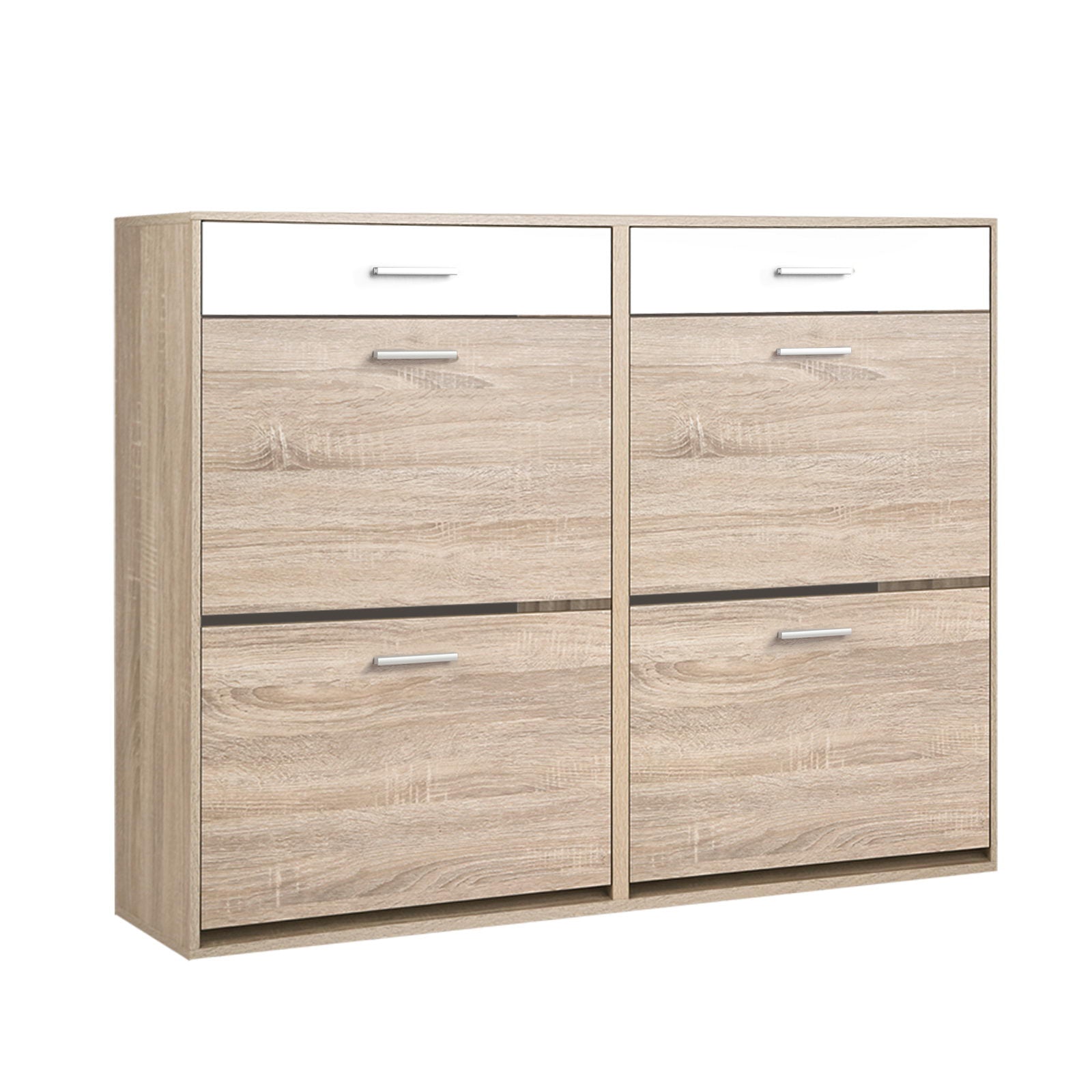 Oak 4-door flip-down shoe cabinet angle view closed showing two column two row door layout on white background