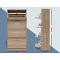 Dimensions diagram: oak 4-door flip shoe cabinet 60cm wide, 160cm tall, 30cm deep, 14cm shelf spacing