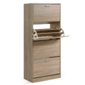Oak 4-door flip shoe cabinet on white background, second door open showing interior shelf compartment