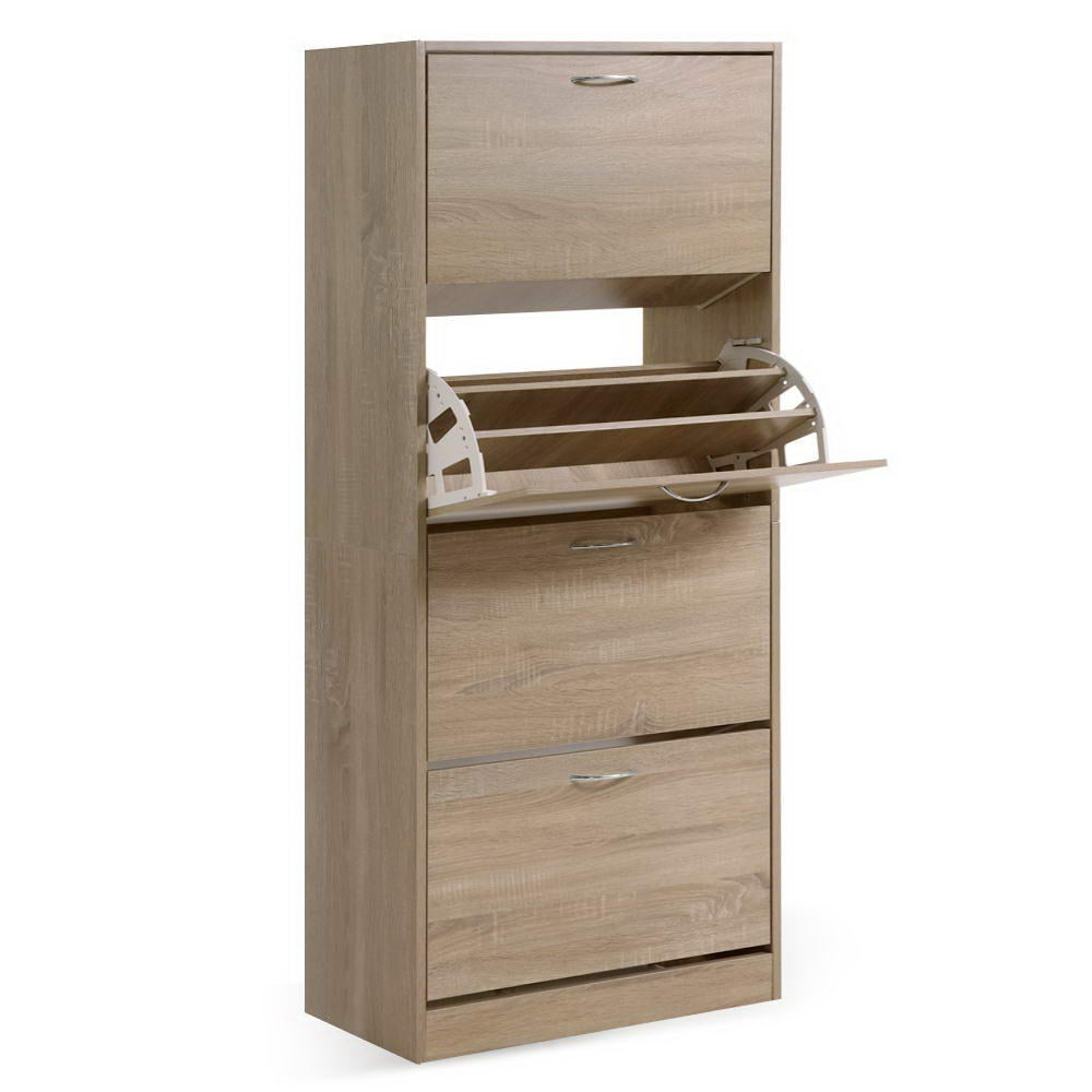 Oak 4-door flip shoe cabinet on white background, second door open showing interior shelf compartment