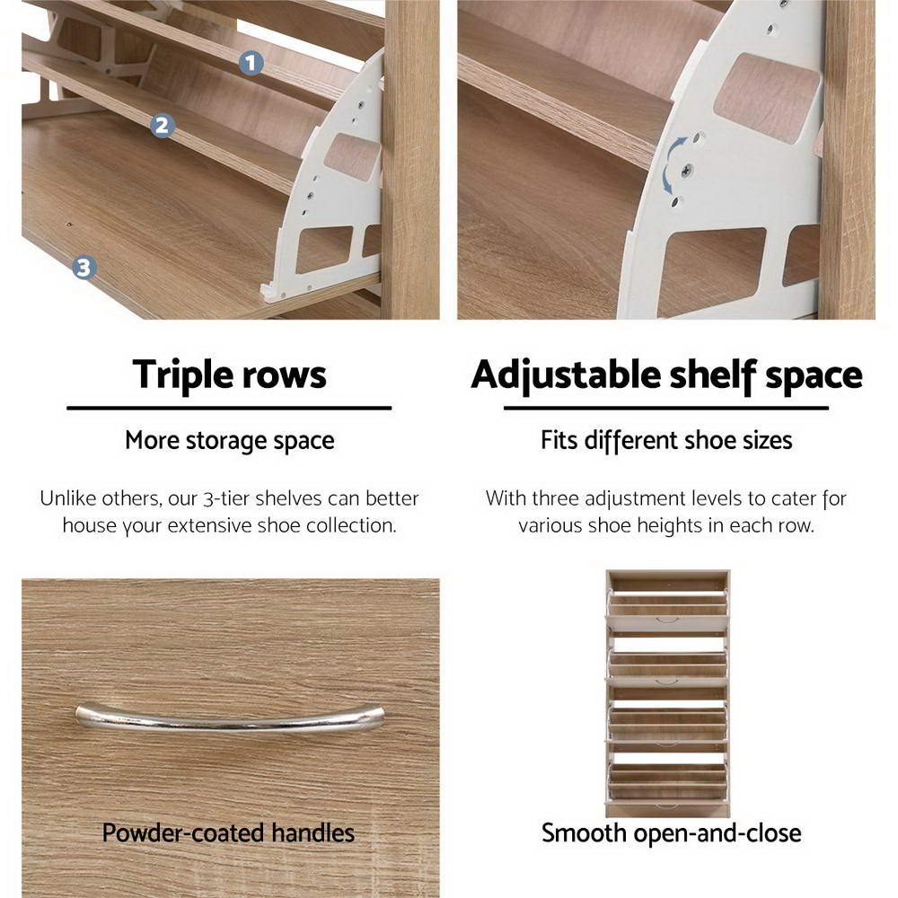Feature panel: triple-row storage, adjustable shelf, powder-coated handles and smooth open action