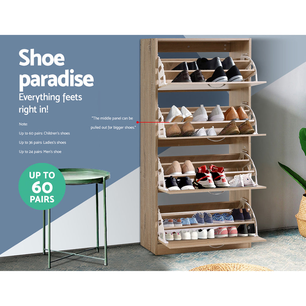 All 4 doors of oak flip shoe cabinet open and loaded with shoes, shoe paradise up to 60 pairs text