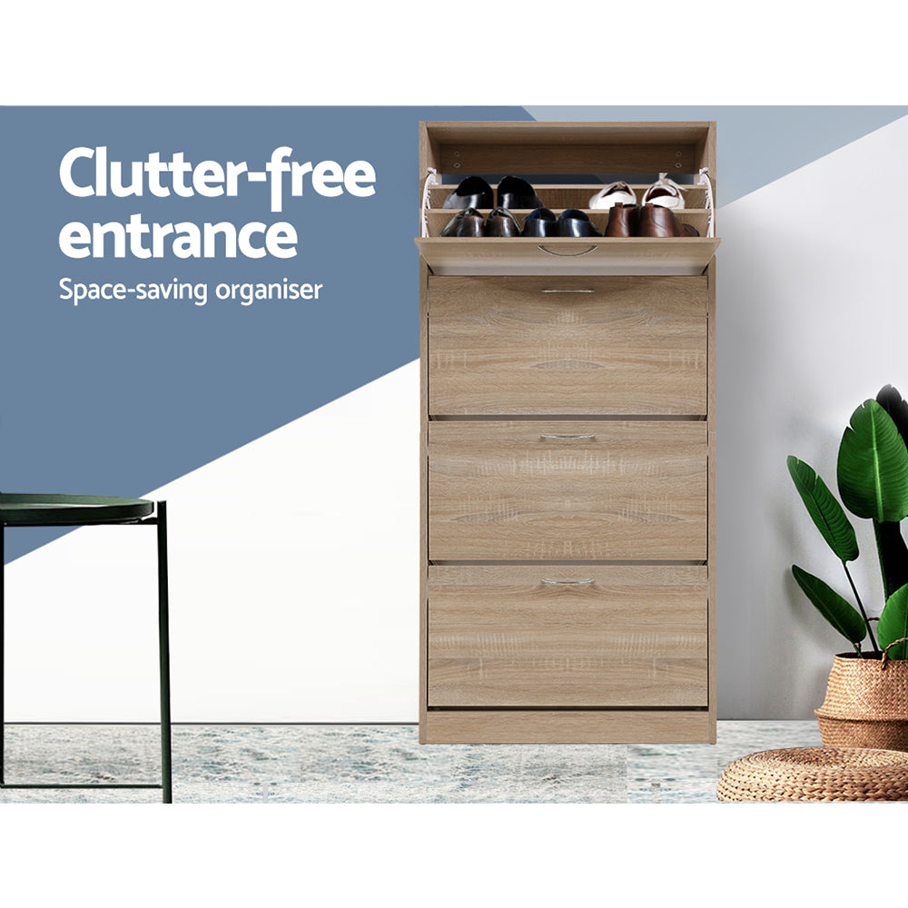 Oak flip shoe cabinet top compartment flipped open with shoes inside, clutter-free entrance infographic