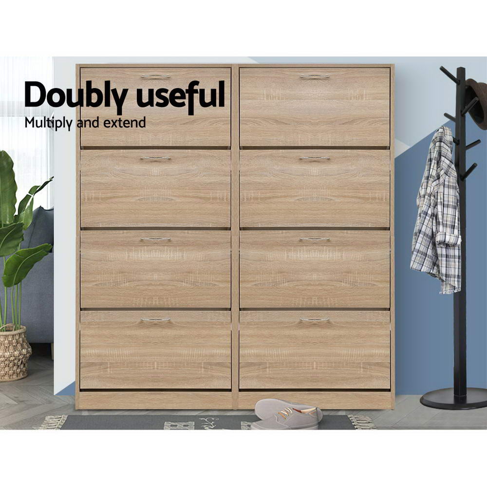 Two oak 4-door flip shoe cabinets side by side in room with coat stand, doubly useful text