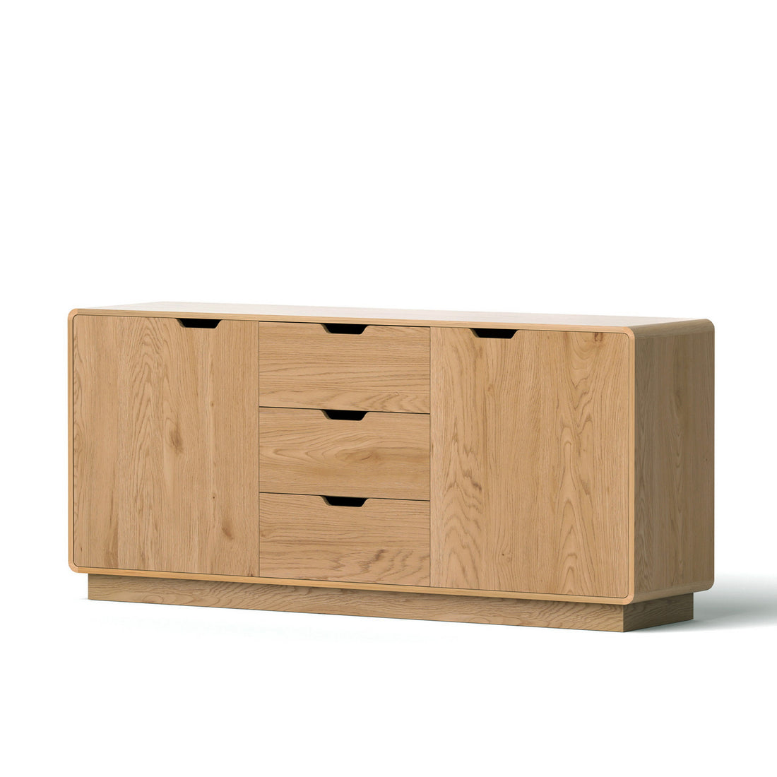 Oak grain sideboard with two doors, three central drawers with cutout handles and rounded corners, angled on white background