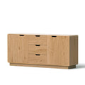Oak grain sideboard with two doors, three central drawers with cutout handles and rounded corners, angled on white background