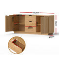 Dimensions diagram of oak sideboard: 160cm wide, 75cm tall, 40cm deep, drawer interior 42x29x13cm, interior shelf 33x31cm