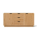 Oak grain sideboard with two side doors, three central drawers and rounded corners, front view on white background