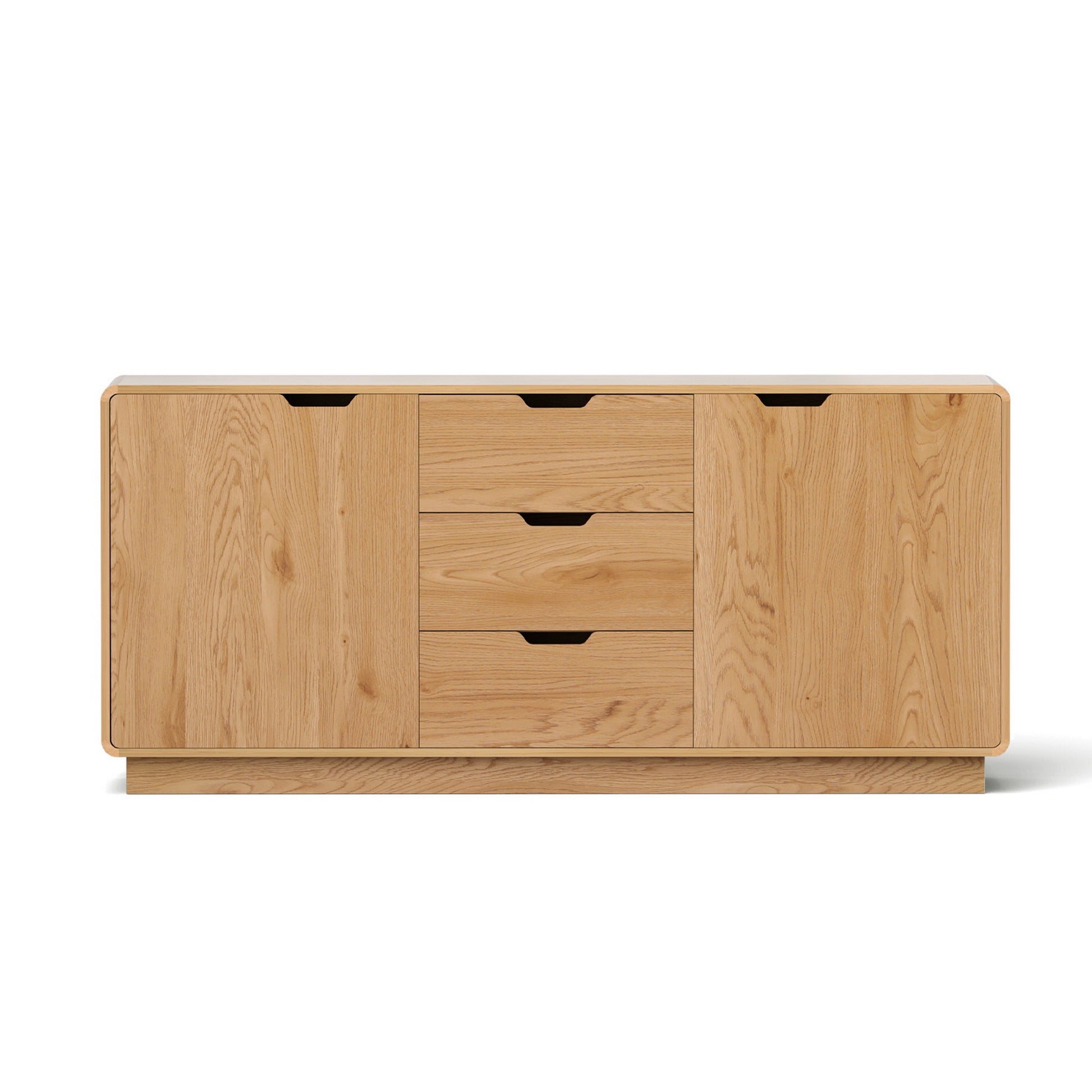 Oak grain sideboard with two side doors, three central drawers and rounded corners, front view on white background