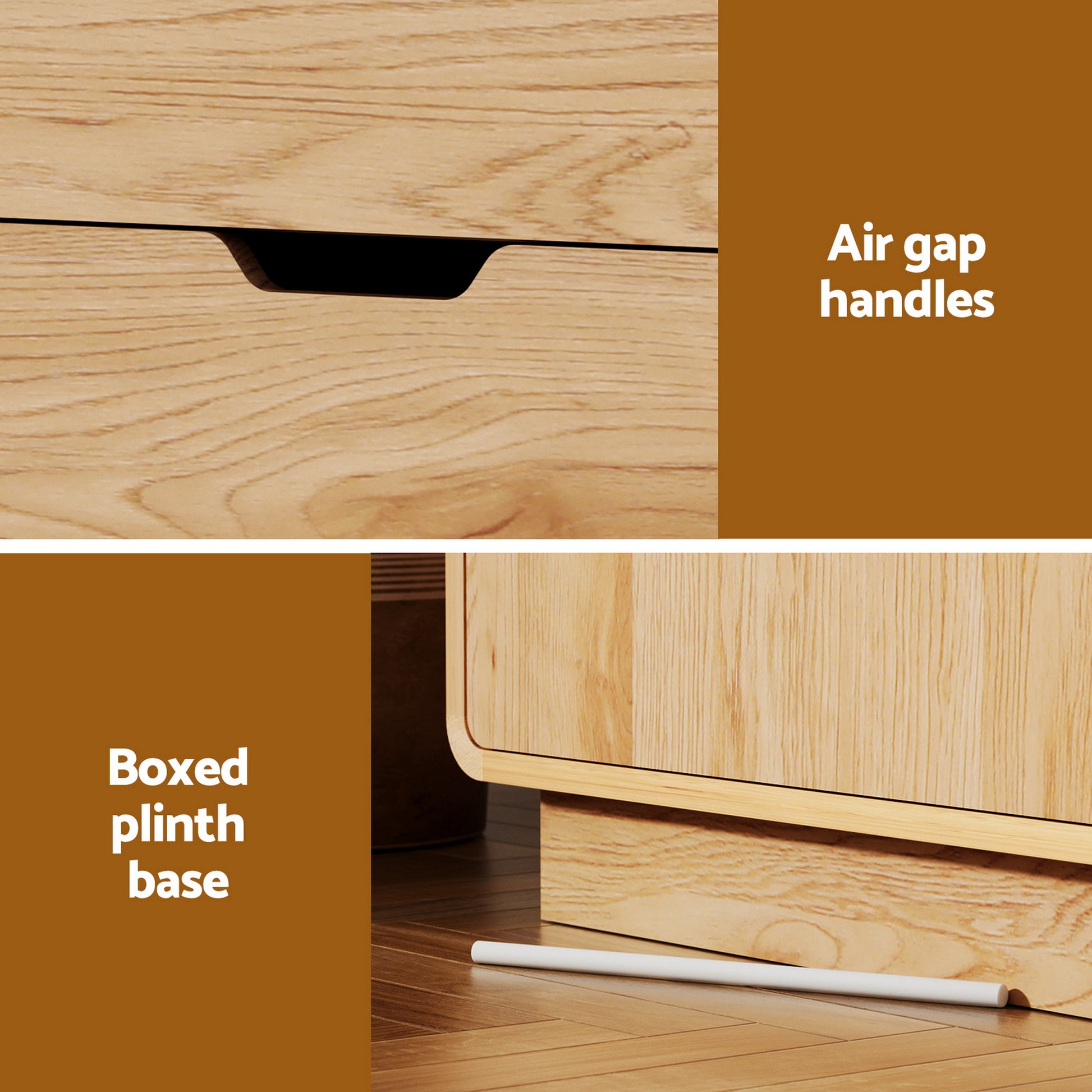 Two-panel detail: close-up of cutout drawer handle labeled Air gap handles, and plinth base labeled Boxed plinth base