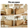 Four-panel image showing oak grain sideboard in bedroom, hallway, dining room and living room, text reads Fits any space
