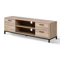 Oak industrial TV stand angle view white background one side door two drawers and black metal legs