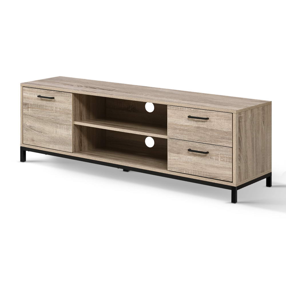 Oak industrial TV stand angle view white background one side door two drawers and black metal legs