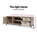 Oak industrial TV stand dimensions 132x44.5x40cm with internal cabinet and drawer measurements