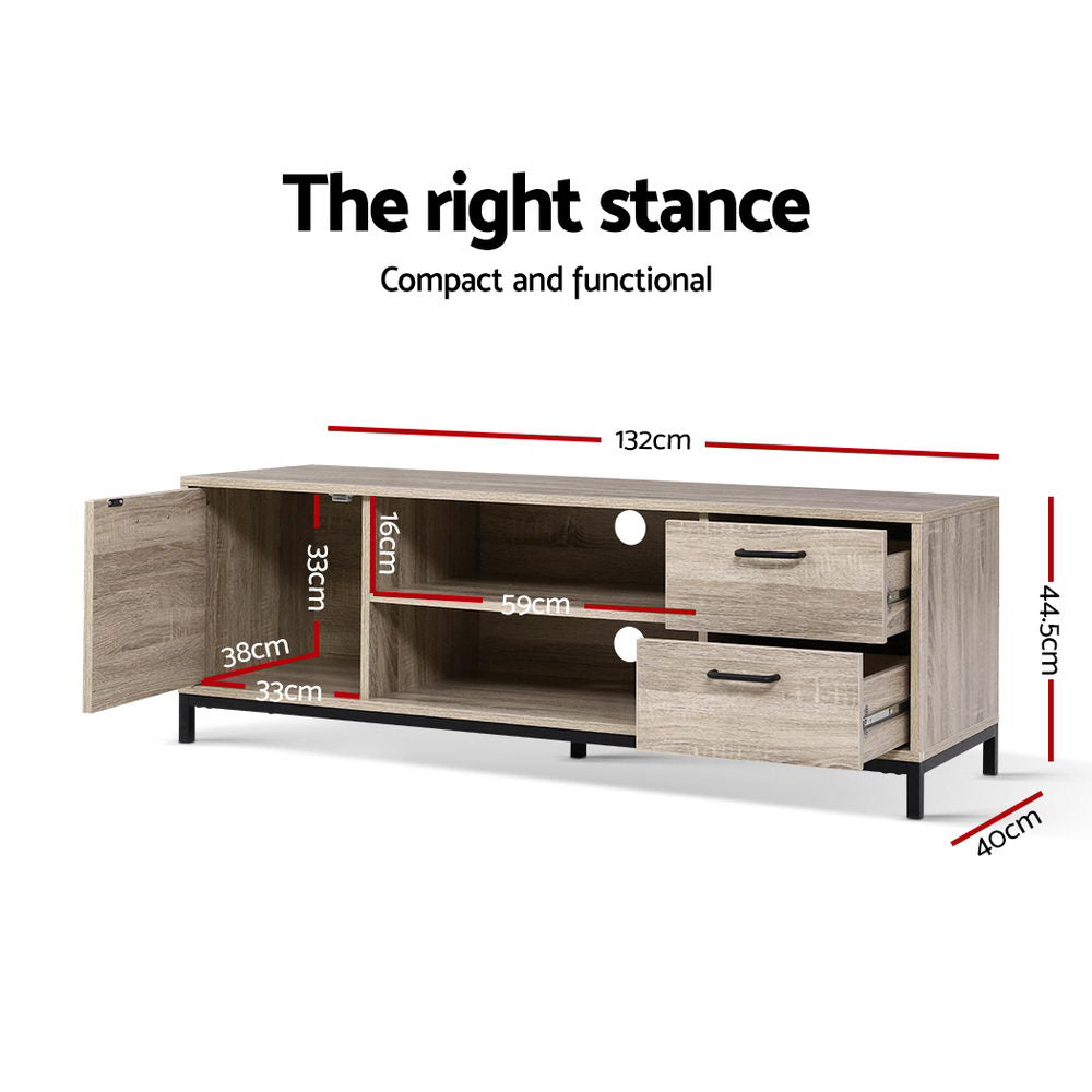 Oak industrial TV stand dimensions 132x44.5x40cm with internal cabinet and drawer measurements