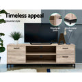 Oak industrial TV stand timeless appeal woodgrain finish and sturdy black metal legs feature callouts