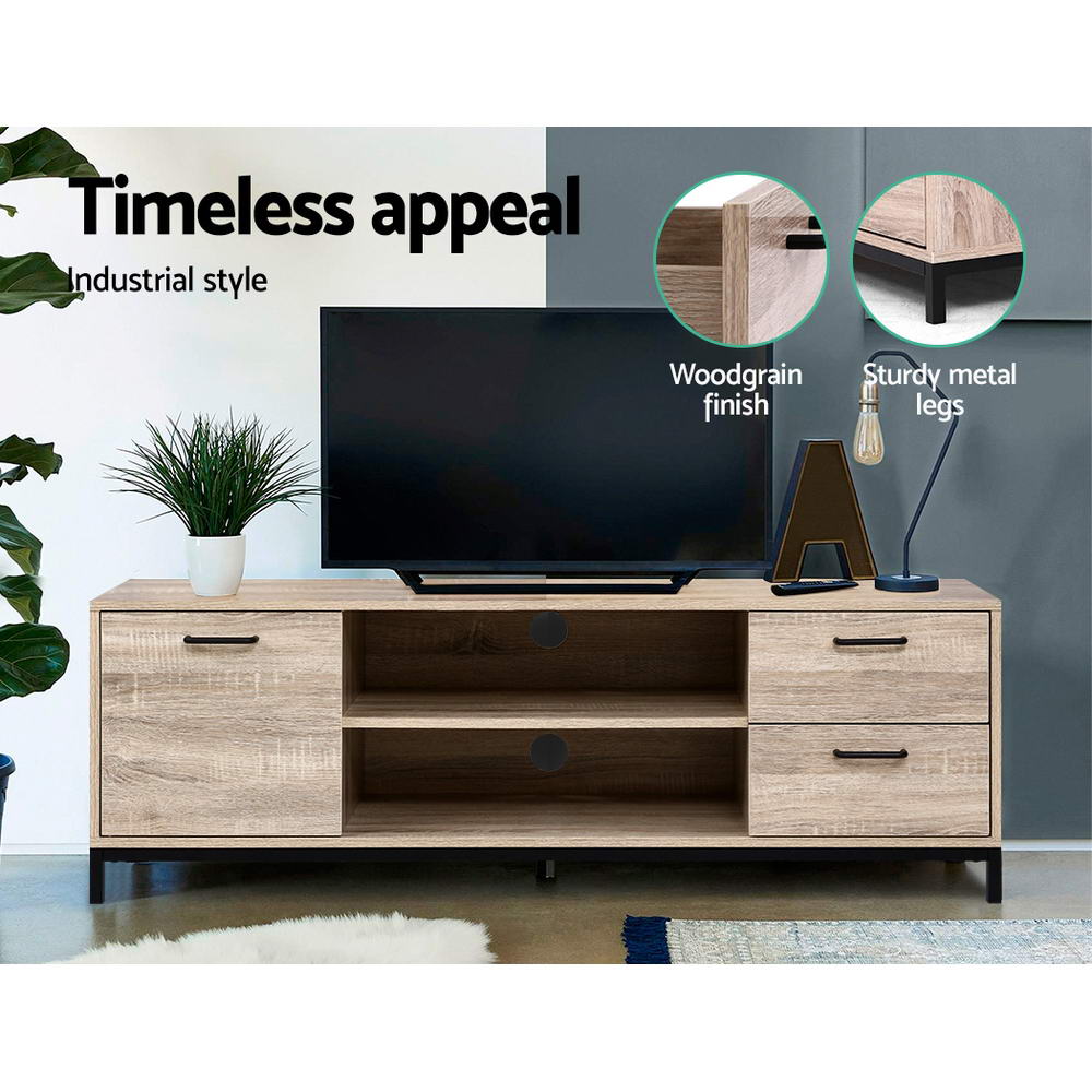 Oak industrial TV stand timeless appeal woodgrain finish and sturdy black metal legs feature callouts