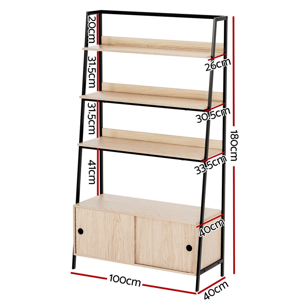 Oak ladder shelf dimensions: 100cm wide, 40cm deep, 180cm tall with three shelves and 41cm sliding door cabinet