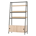 Oak and black metal ladder shelf with three open shelves above sliding door cabinet, angle view on white background