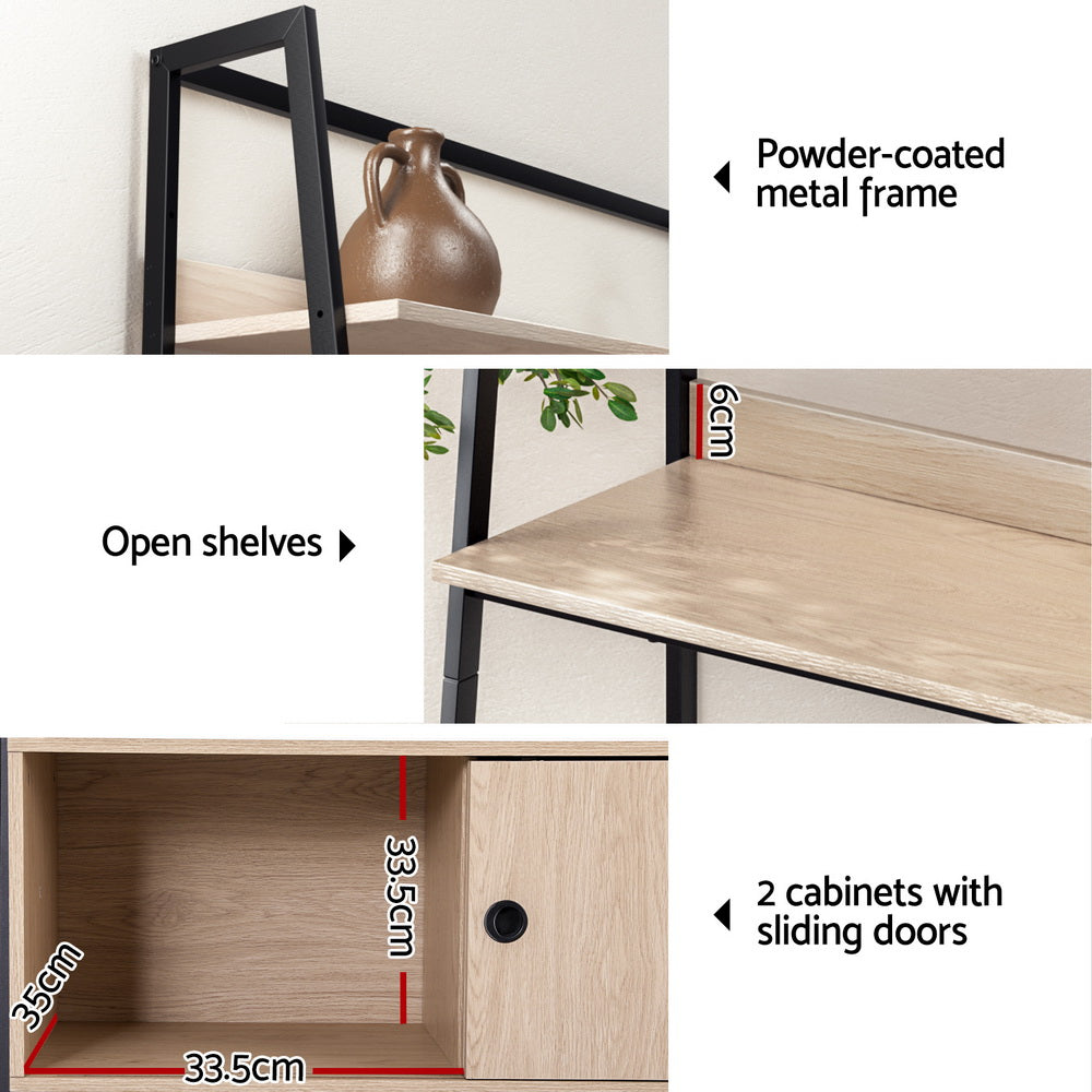 Oak ladder shelf details: powder-coated frame, open shelves 6cm thick, cabinet interior 33.5cm wide 35cm deep, sliding doors