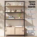 Oak ladder shelf features infographic: 15mm thick boards, three shelves 10kg each, cabinet top 20kg, cabinet interior 20kg
