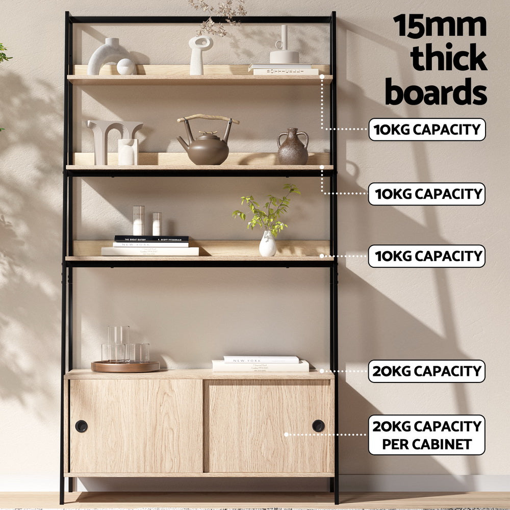 Oak ladder shelf features infographic: 15mm thick boards, three shelves 10kg each, cabinet top 20kg, cabinet interior 20kg