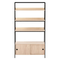 Oak ladder shelf with black metal frame, three open shelves above sliding door cabinet, front view on white background