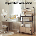Oak ladder shelf with cabinet styled in home study with books and storage boxes; text reads Display shelf with cabinet