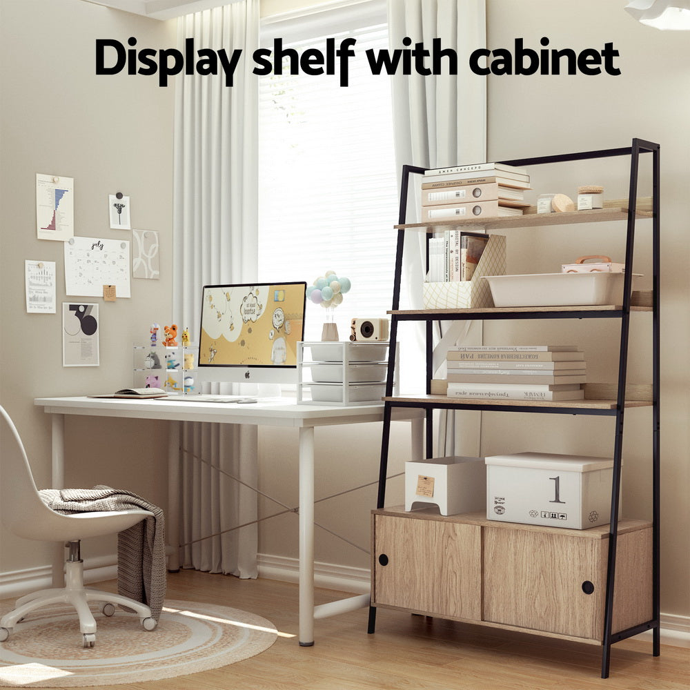Oak ladder shelf with cabinet styled in home study with books and storage boxes; text reads Display shelf with cabinet