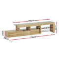 Oak LED TV unit 215cm dimensions diagram showing 215x45x35cm with 40cm drawer and 63cm shelf measurements