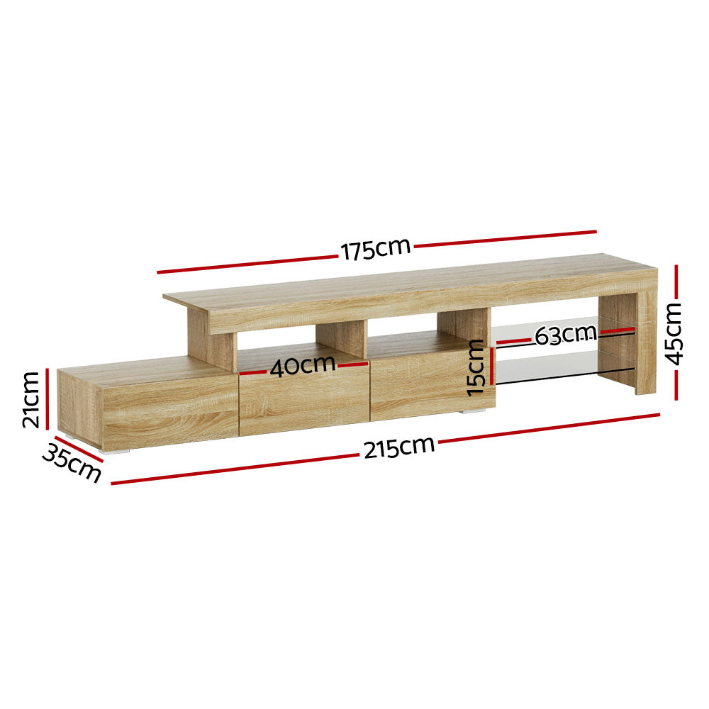 Oak LED TV unit 215cm dimensions diagram showing 215x45x35cm with 40cm drawer and 63cm shelf measurements