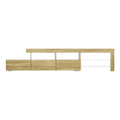 Oak LED TV unit 215cm front view with three drawers on lower tier and open glass shelves on right section