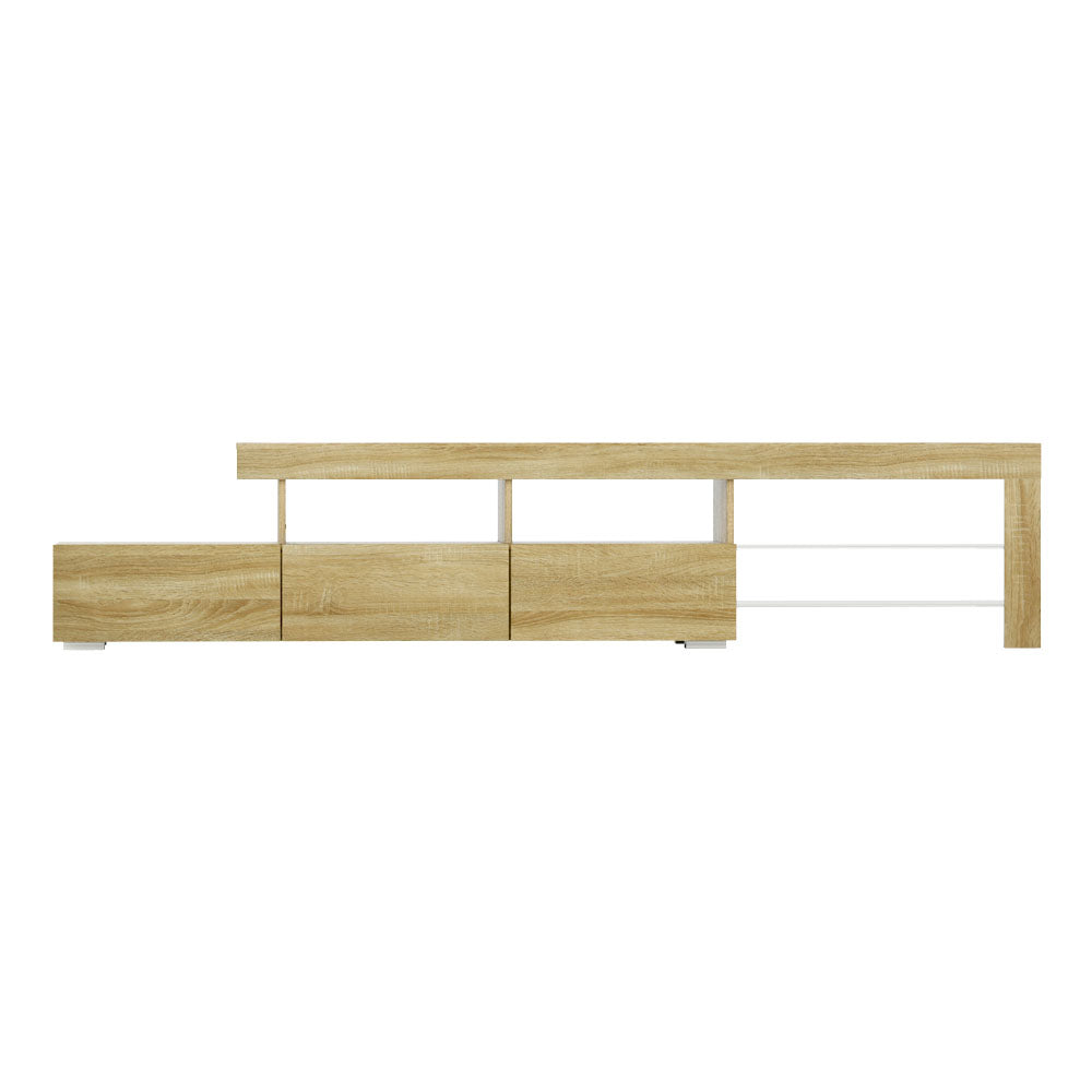 Oak LED TV unit 215cm front view with three drawers on lower tier and open glass shelves on right section