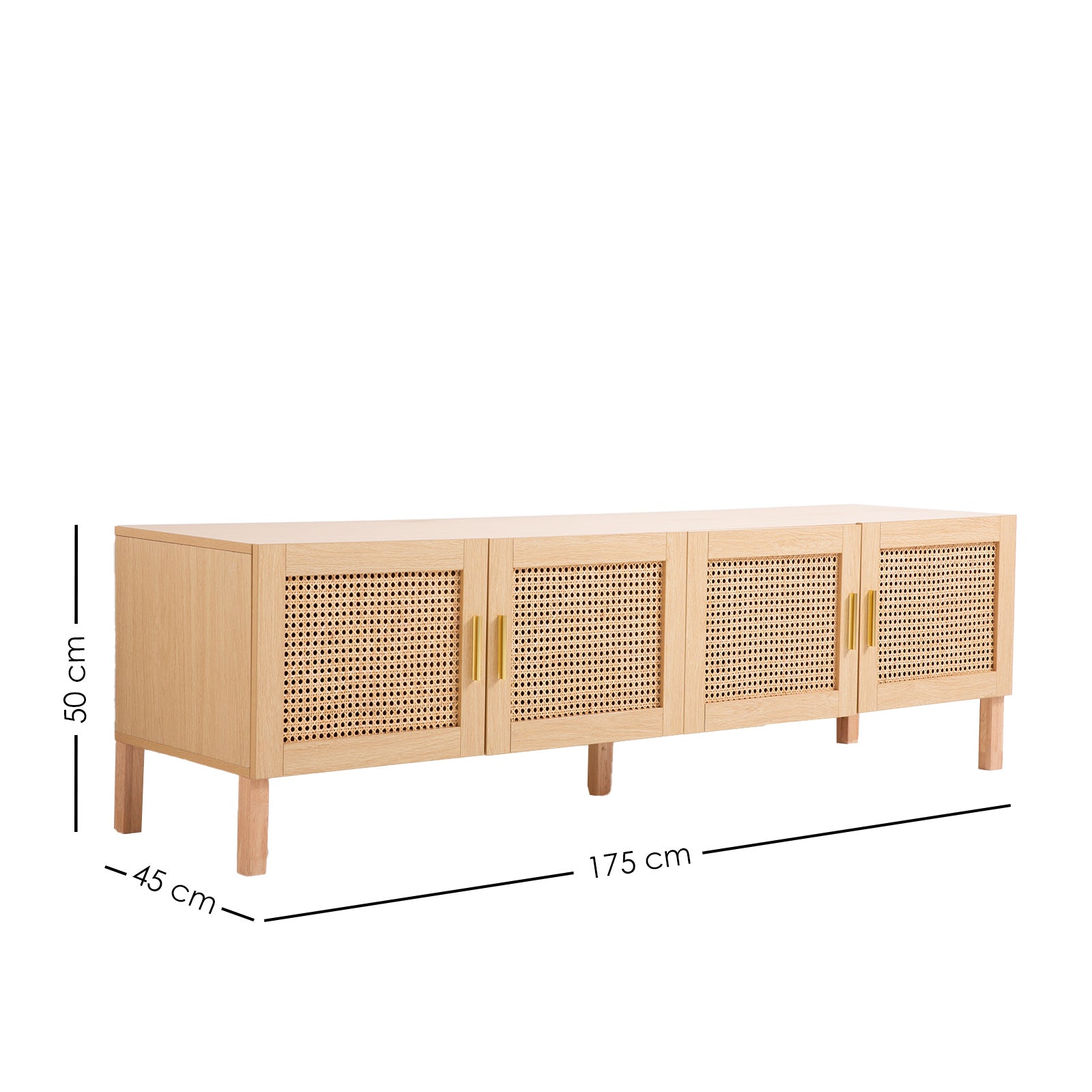 Oak and rattan TV unit dimension diagram 175x45x50cm four cane-weave doors and gold handles