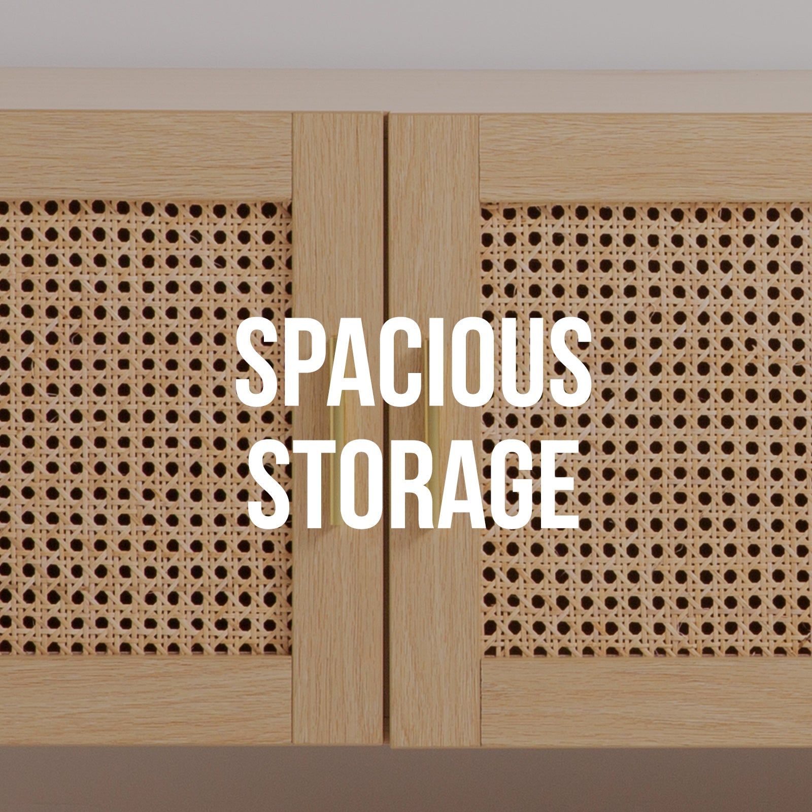 Oak and rattan TV unit close-up of cane-weave door panels with Spacious Storage text overlay