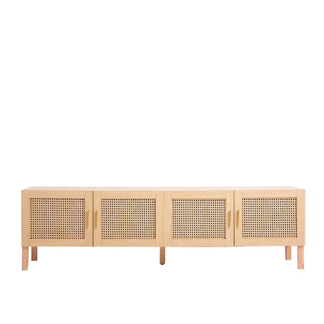 Oak and rattan TV unit front view on white four cane-weave doors with gold bar handles on light wood legs