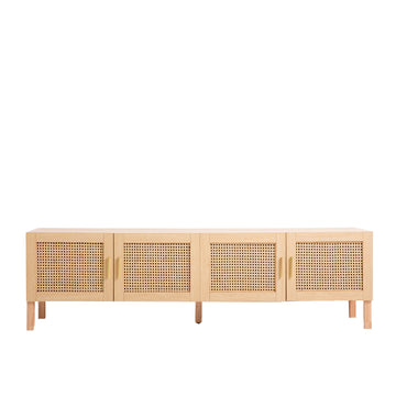 Oak and rattan TV unit front view on white four cane-weave doors with gold bar handles on light wood legs