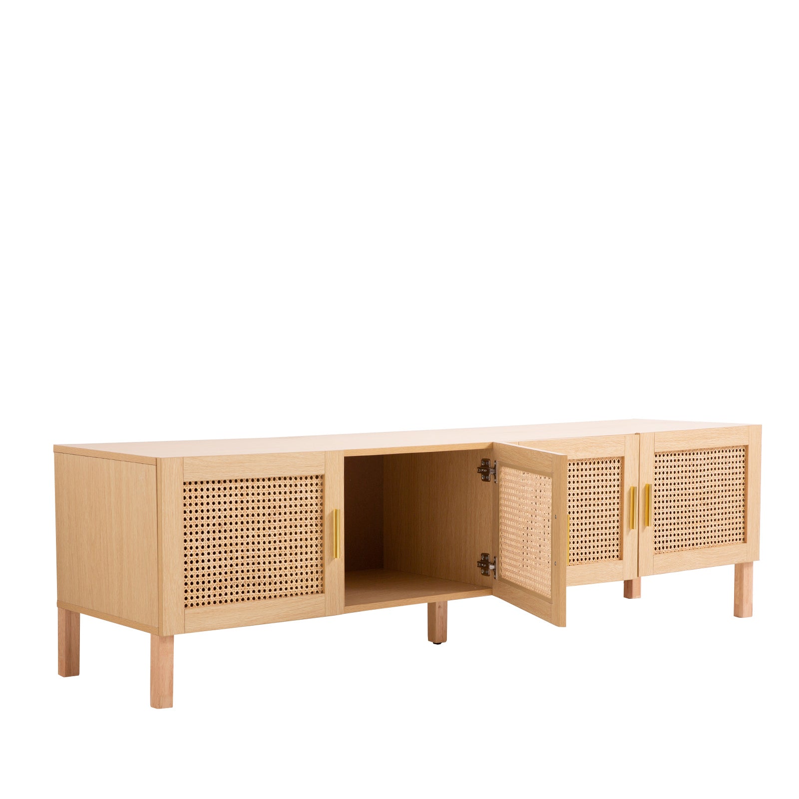 Oak and rattan TV unit on white with center door open showing empty interior cabinet and gold hinge hardware