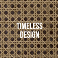 Close-up of woven rattan panel pattern on TV unit doors with Timeless Design text overlay